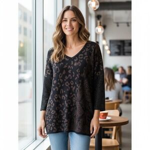 DEMOCRACY Black Leopard Print Metallic V Neck Sweater Top Size S